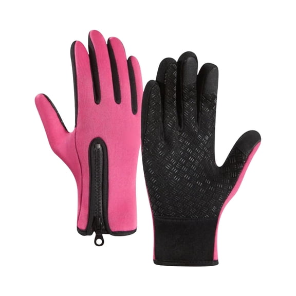 Pink & Black Waterproof Thermal Touch Screen Gloves - Windproof Non-Slip Zipper Cuff Winter Gloves for Men Women Cycling Hiking