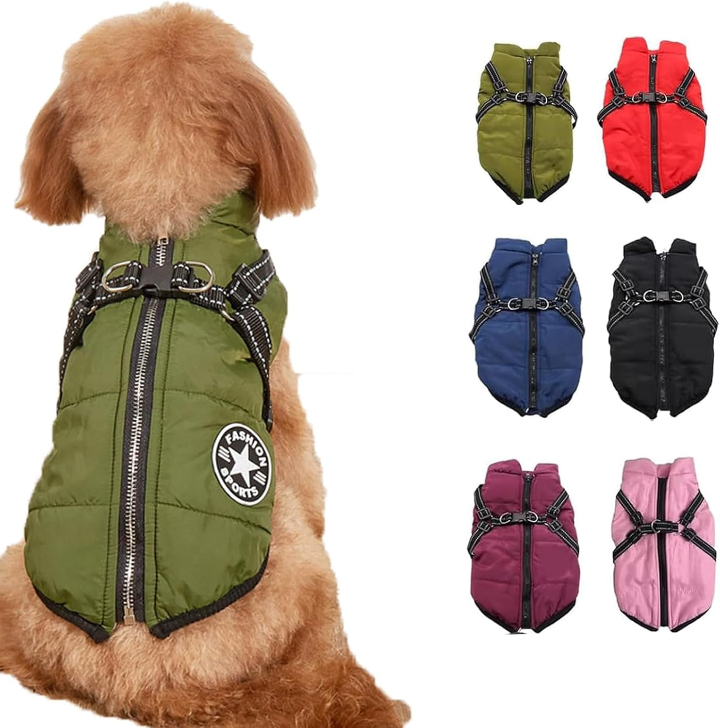 Waterproof Winter Jacket with Built-in Harness,Fleece Dog Vest,Waterproof Windproof Winter Warm Coats Jacket for All Dogs/Cats