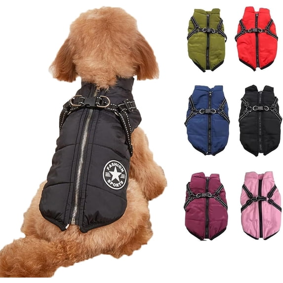 Waterproof Winter Jacket with Built-in Harness,Fleece Dog Vest,Waterproof Windproof Winter Warm Coats Jacket for All Dogs/Cats