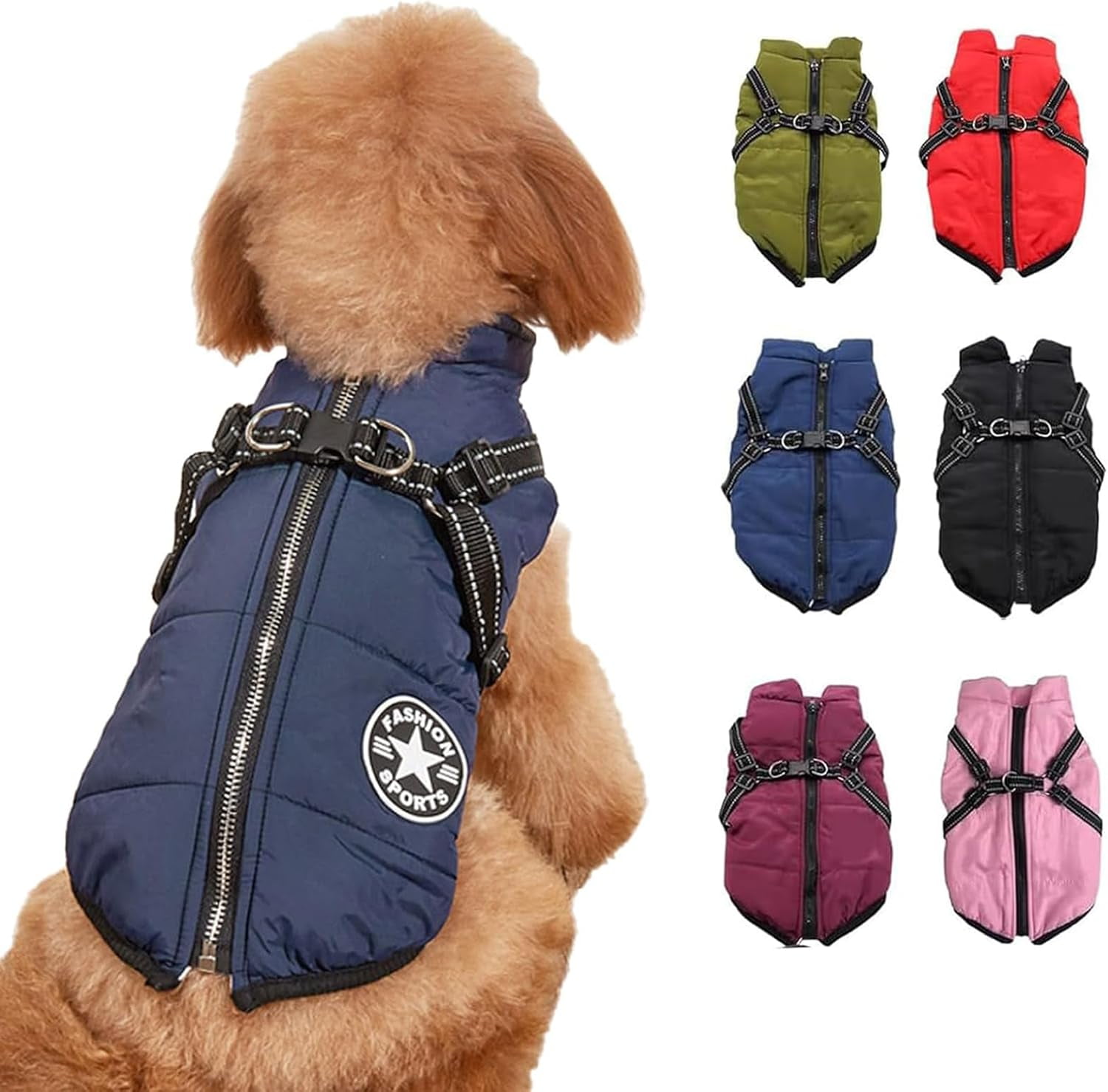 Waterproof Winter Jacket with Built-in Harness,Fleece Dog Vest,Waterproof Windproof Winter Warm Coats Jacket for All Dogs/Cats