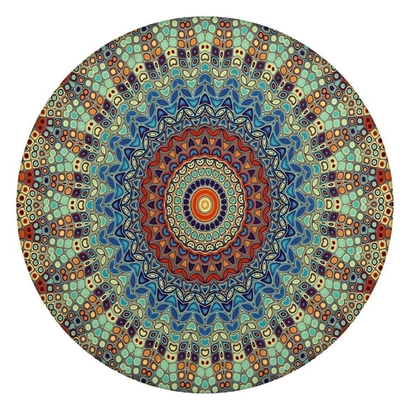 Waterproof Wipeable Elastic Tablecloth, 44" Round, Multicolor Bohemian Mandala Design, Perfect for Dining or Patio
