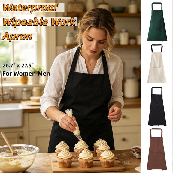 Waterproof Wipeable Work Apron 26.7" x 27.5", Large Pocket Kitchen Apron for Men Women – Barista Bartender Barber Artist Gardening, Cooking Baking Grilling (White)