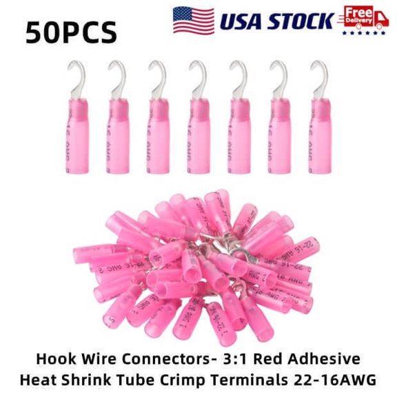 Waterproof Wire Connectors Heat Shrink Hook Terminals AWG 22-16 Red 50 PCS