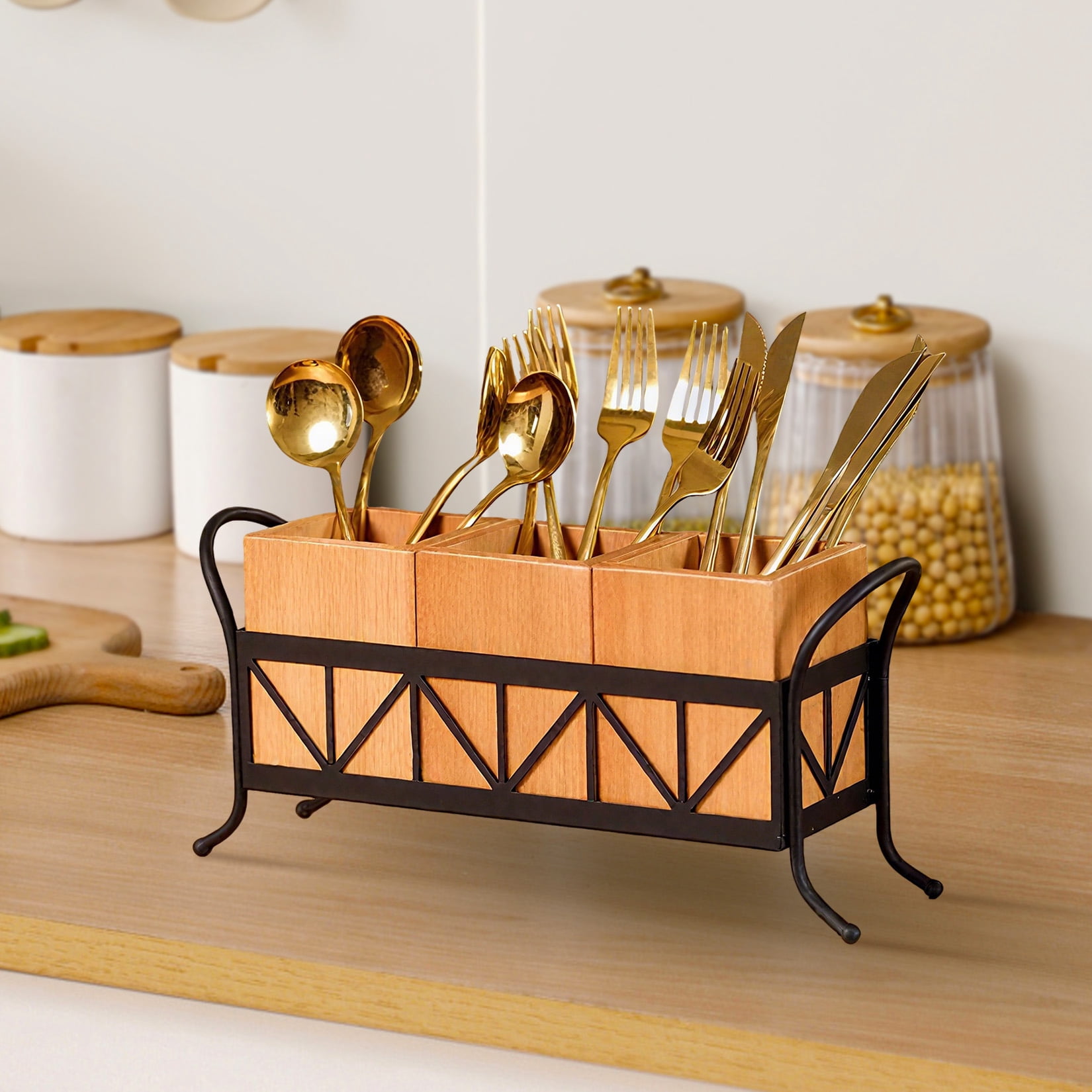 Waterproof Wooden Flatware Caddy Silverware Holder, Acacia Wood Utensil Holder with 3 Detachable Compartments & Handles, Fork Spoon Knife Organizer for Party BBQ