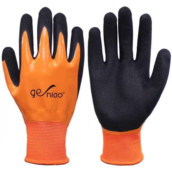 Waterproof Work Gloves for Men Women Double Nitrile Coated Work Gloves with Non-Slip Palm for Garden Yard Fishing Cleaning Orange 1 Pair L