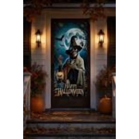 Waterproof Wrinkle Resistant Halloween Front Door Banner, Pre Drilled Easy Hang Skeleton Wizard Themed Wall Covering, Foldable Reusable Large Backdrop For Entryway Garage Halloween Party Decoration