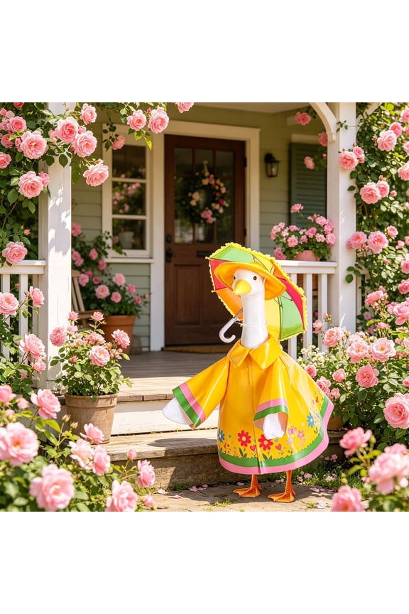 Waterproof Yellow Raincoat and Hat Set for Porch Goose Statue, Flag Goose Clothing Accessories for Outdoor Garden Decor, Removable Vinyl Poncho for Yard Goose Decoration