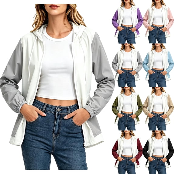 Waterproof Zip Up Rain Jackets for Women Plus Size Hooded Solid Long Sleeved Zipper Jacket Top Blouse Casual Pocket Coat