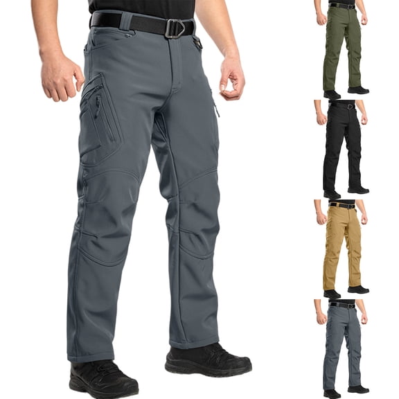 Waterproof insulated Men's Work Pants, Fleece Lined Cold Weather Cargo Pants with Multi Zipper Pockets, Stretchable Quick-Dry Hiking Hunting Travel Trousers, Regular Fit Casual L Gray