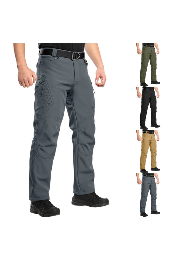 Waterproof insulated Men's Work Pants, Fleece Lined Cold Weather Cargo Pants with Multi Zipper Pockets, Stretchable Quick-Dry Hiking Hunting Travel Trousers, Regular Fit Casual L Gray