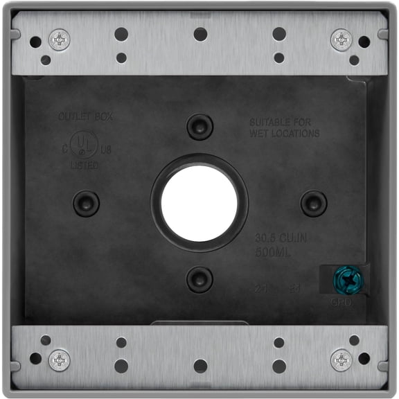 Waterproof junction box with three 3/4 inch threaded outlets, outdoor electrical box, each hole 0.75 inches, 2-gang, 4.53 inches high, 4.53 inches long, 2.16 inches deep, color 2375 gray