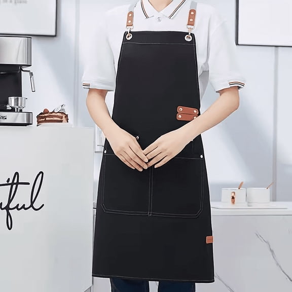 Waterproof and oil-resistant canvas chef aprons. Unisex design with large pockets and adjustable crisscross back straps, suitable for chefs, baristas, artists, as well as for painting and gardening