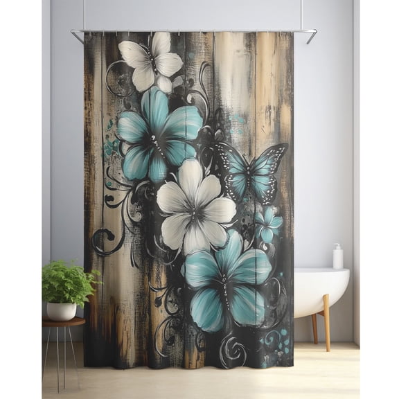 [Waterproof shower curtain with 12 hooks] Flower butterfly shower curtain waterproof suitable for room home hotel machine washable curtain waterproof bathroom integrated
