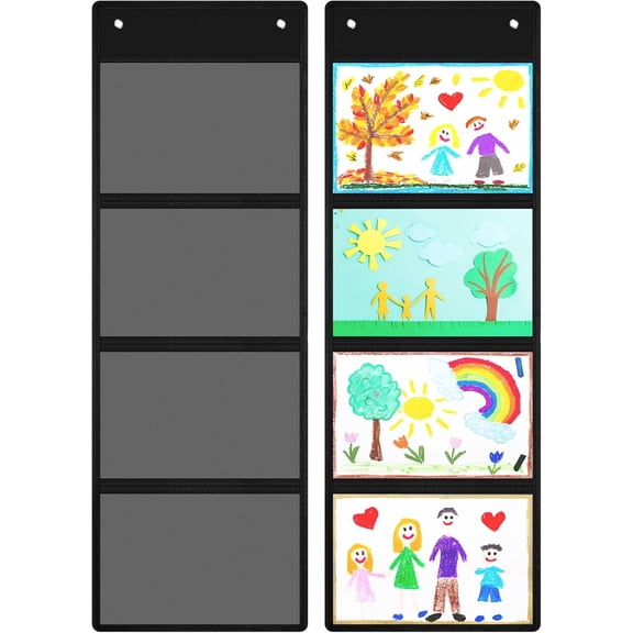 Watersay 2 Pcs Storage Pocket Chart for Classroom 37.4 x 13 in, 4 Pockets Hanging Wall File Organizer for Cards, Drawing, Pictures, Class Demonstrations, Homework, Teacher Office Organization (Black)