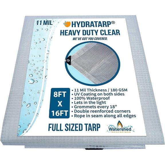 Watershed Innovations HydraTarp, UV Coated 11 Mil Thick Clear Greenhouse Tarp for Outdoor Camping, RV, Trucks and Trailers, 8 by 16 Feet