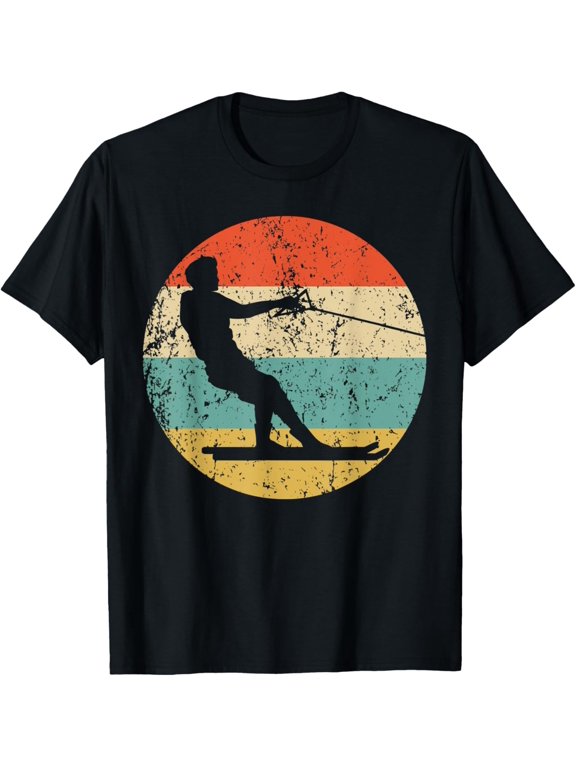 Waterskier Waterskiing Silhouette Retro Water Sports T-Shirt men and women can wear, black, white, gifts