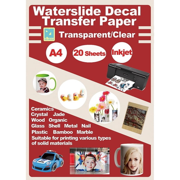 Waterslide Decal Paper for Inkjet Printers Only, Clear Transparent Water Slide Transfer Paper for DIY Mugs, Glass, Ceramic, A4 Size (8.3 x 11.7 Inches), 20 Sheets SHAANXIXIAN