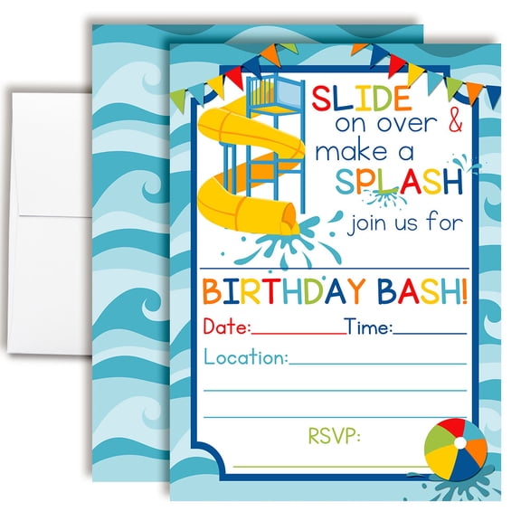 Waterslide Summer Fun Boy Birthday Invitations for Kids, 20 Fill-In Cards with Envelopes, 5x7 Children's Birthday Party Invitations, Birthday Party Supplies, Made in USA by Amanda Creation