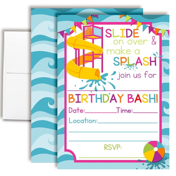 Waterslide Summer Fun Girl Birthday Invitations for Kids, 20 Fill-In ...