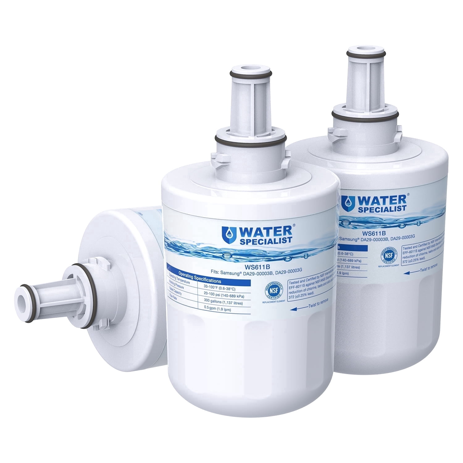 Waterspecialist F11 Refrigerator Water Filter, Replacement for Samsung® DA29-00003G, DA29-00003B, Aqua-Pure Plus, RSG257AARS, RFG237AARS, HAFCU1, RS22HDHPNSR, WSS-1, 3 Filters