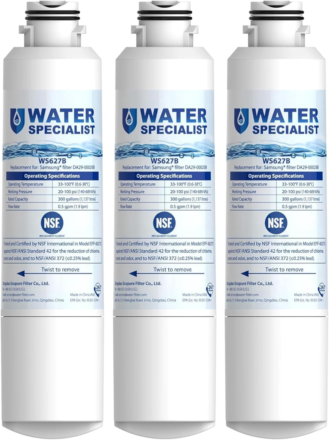 Waterspecialist F27 Refrigerator Water Filter Replacement for Samsung® DA29-00020B,HAF-CIN, RS25J500DSR, RF28HMEDBSR, HAF-CIN/EXP, RF4287HARS, RF28HFEDBSR, 3 Pack