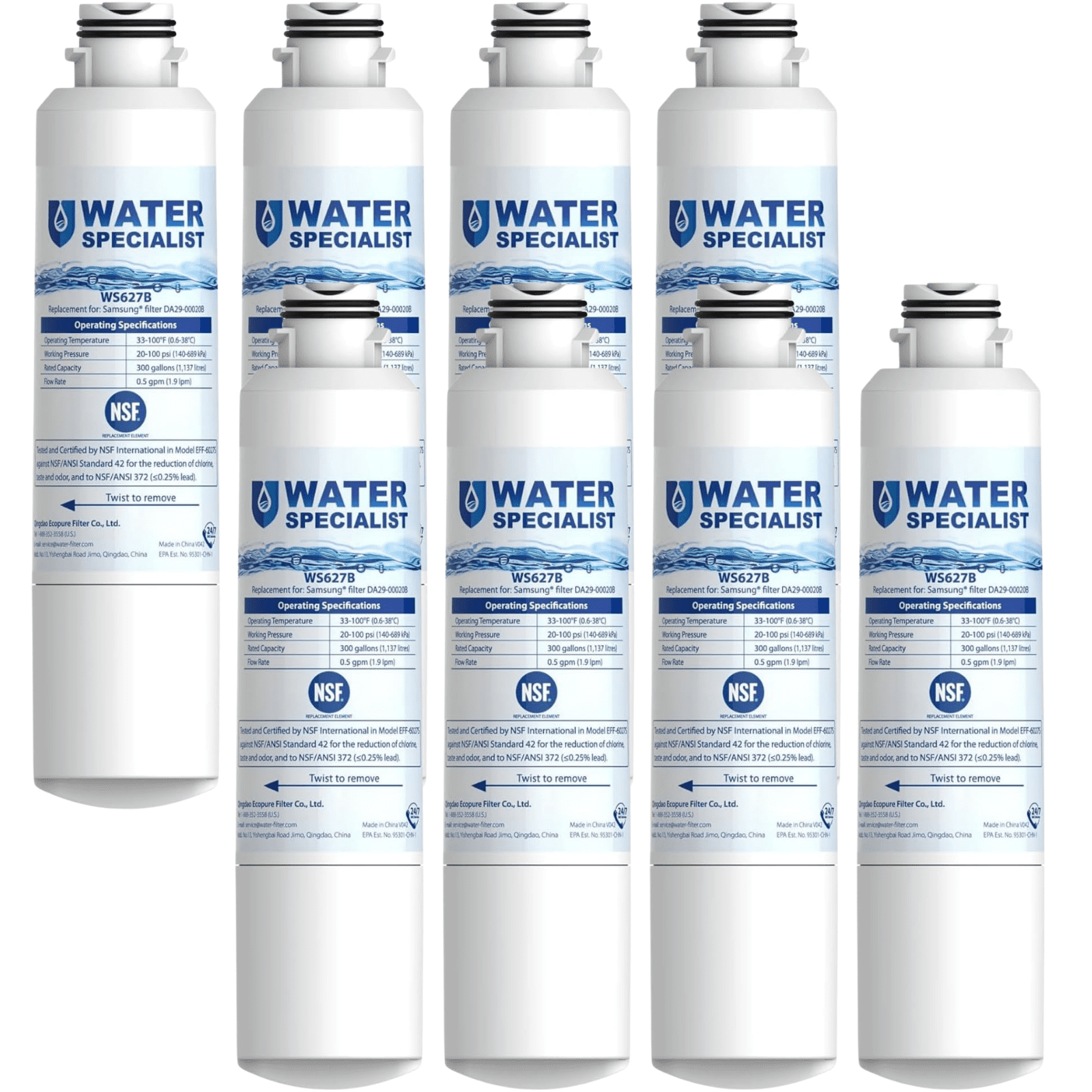 Waterspecialist F27 Refrigerator Water Filter Replacement for Samsung® DA29-00020B, HAF-CIN, RS25J500DSR, RF28HMEDBSR, HAF-CIN/EXP, RF4287HARS, RF28HFEDBSR, 8 Pack