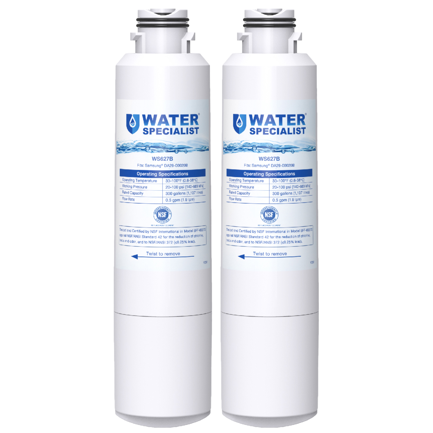 Waterspecialist DA29-00020B Refrigerator Water Filter, Replacement for Samsung HAF-CIN, HAF-CIN/EXP, DA29-00020A/B, DA97-08006A, DA2900020B, RF28HMEDBSR, RF4287HARS, 2 Filters - image 1 of 9
