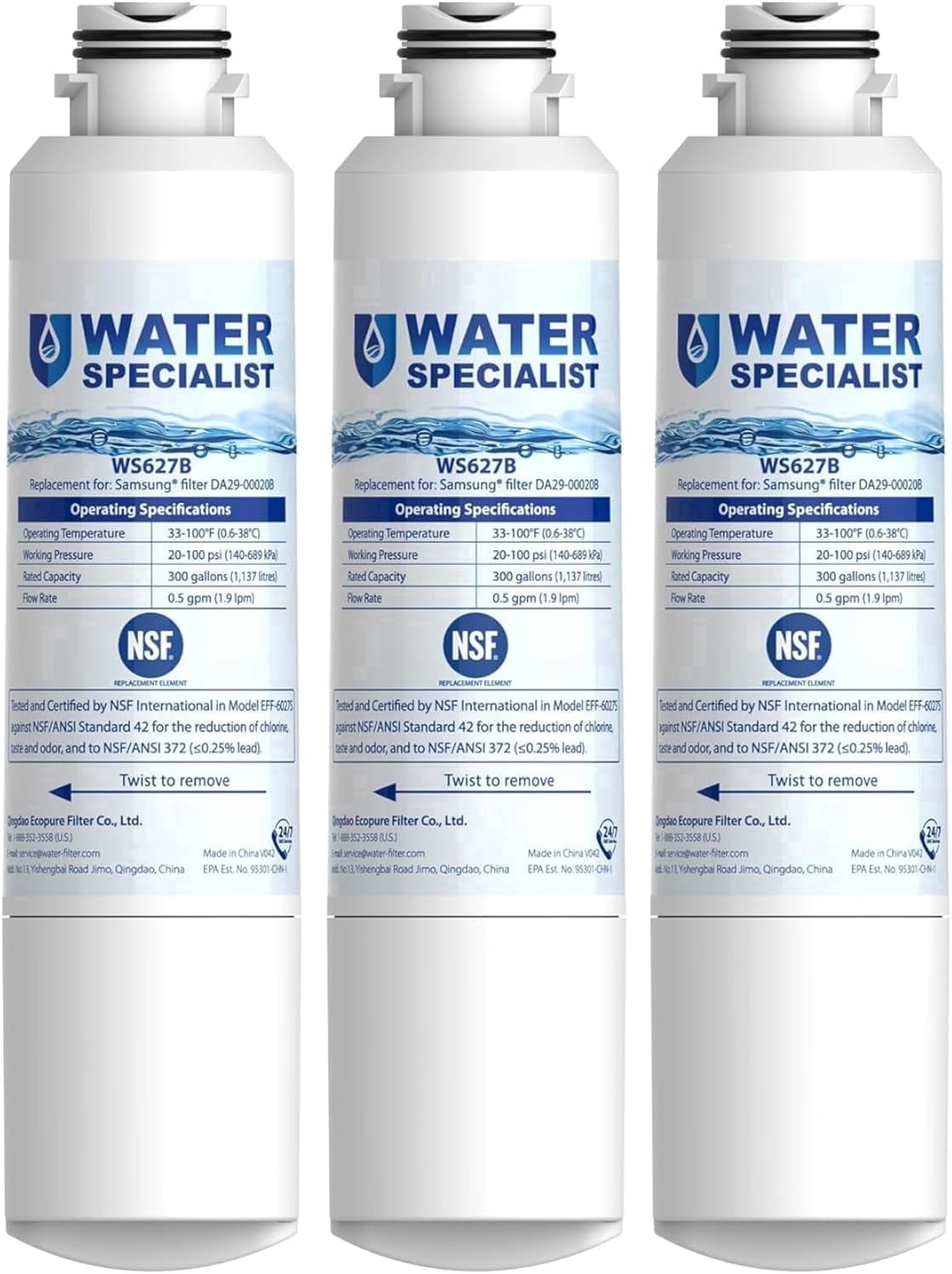 Waterspecialist DA29-00020B Refrigerator Water Filter, Replacement for Samsung DA29-00020A/B, HAF-CIN/EXP, DA29-00020B-1, 3 filters