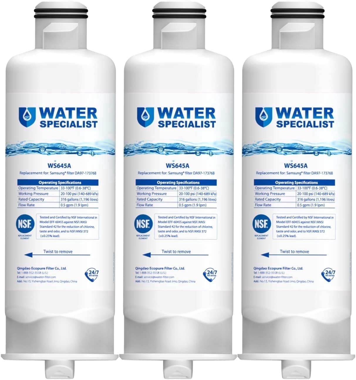 Waterspecialist WS645A Refrigerator Water Filter, Replacement for Samsung® DA97-17376B, HAF-QIN/EXP, HAF-QIN, RF28T5001SR, DA97-08006C, RS27T5200SR, RF28R7351SG, RF24R7201SR, RF27T5201SR, 3 Pack