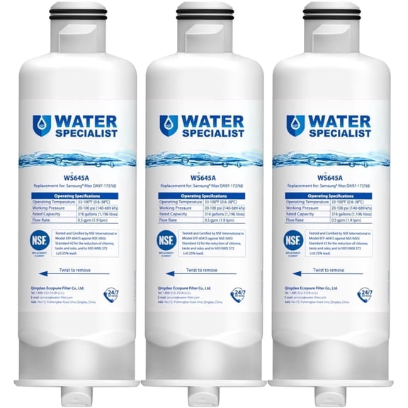 Waterspecialist WS645A Refrigerator Water Filter, Replacement for Samsung® DA97-17376B, HAF-QIN/EXP, HAF-QIN, RF28T5001SR, DA97-08006C, RS27T5200SR, RF28R7351SG, RF24R7201SR, RF27T5201SR, 3 Pack