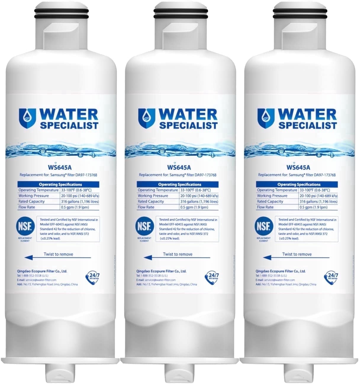 Waterspecialist WS645A Refrigerator Water Filter, Replacement for Samsung® DA97-17376B, HAF-QIN/EXP, HAF-QIN, RF28T5001SR,  3 Pack