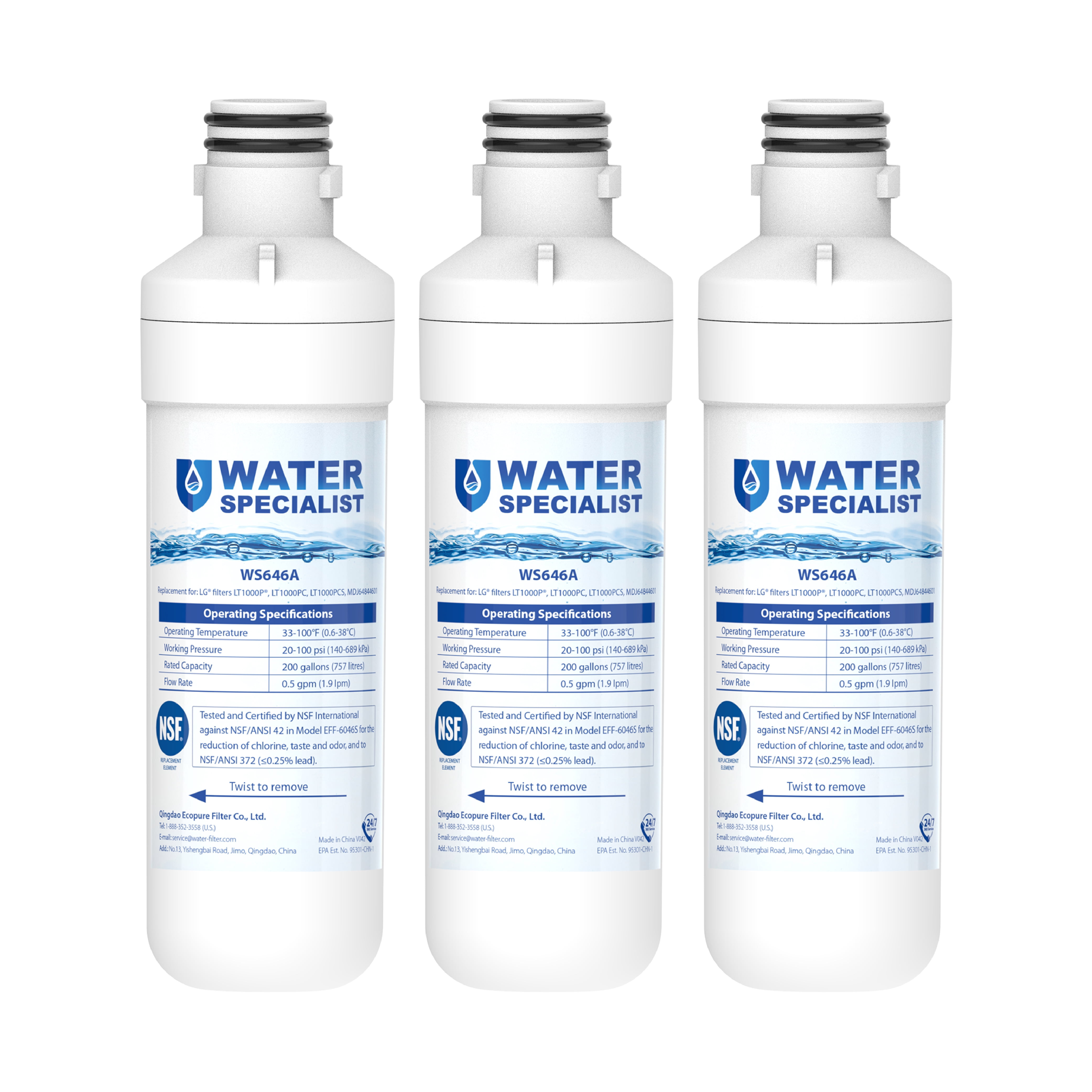 Waterspecialist LT1000PC ADQ747935 Replacement for LG® LT1000P®, LT1000PCS, LFXC24796S, LMXS28626S, LFXS26973S, ADQ74793501, ADQ74793502, 46-9980, 9980 Refrigerator Water Filter, Pack of 3