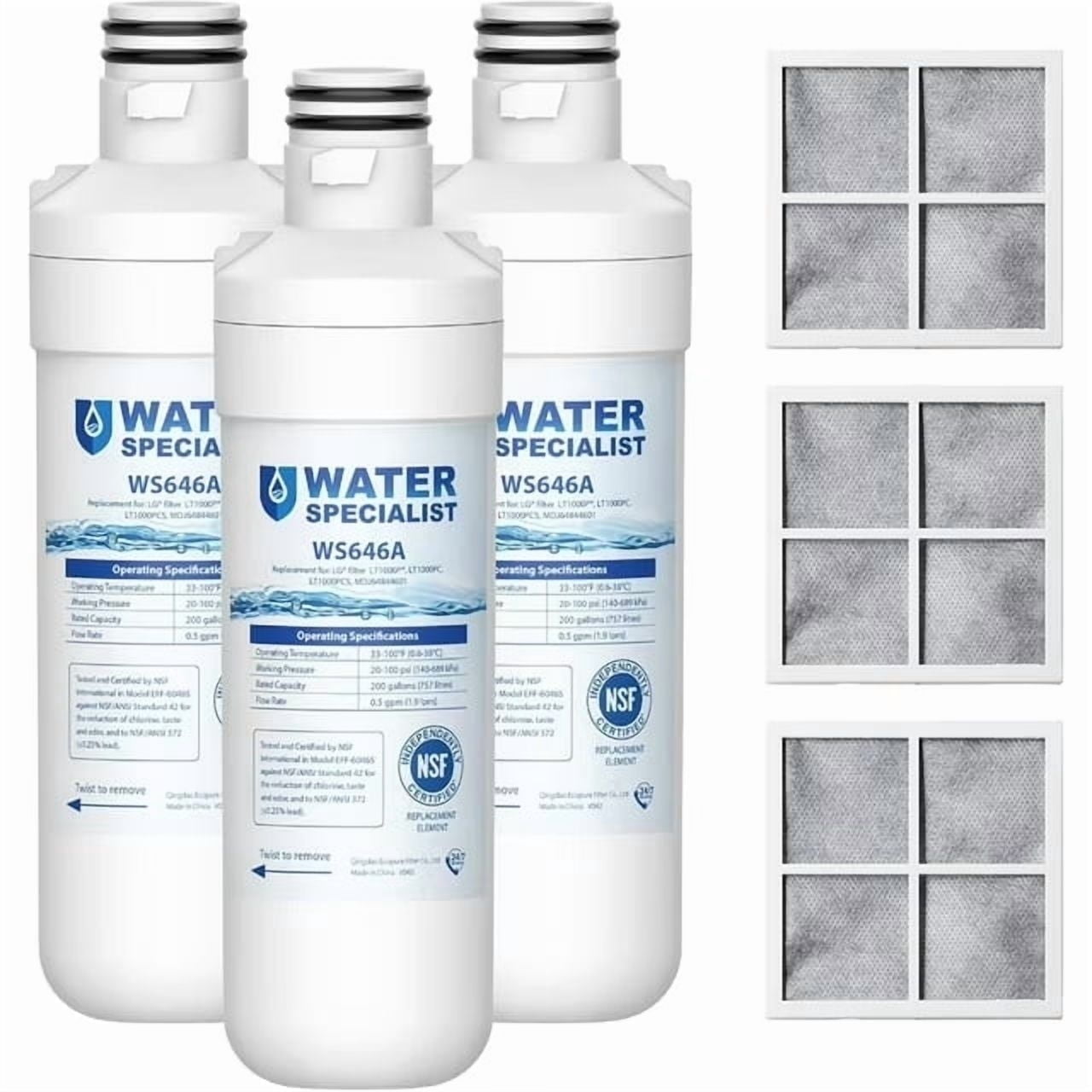 Waterspecialist Replacement for LG® LT1000P®, LT1000PC, ADQ747935, LFCC22426S, LRFXS2503S, LMWS27626S, LRDCS2603S, 6 Month 200 Gallon Refrigerator Water Filter and LT120F® Air Filter, 3 Combo