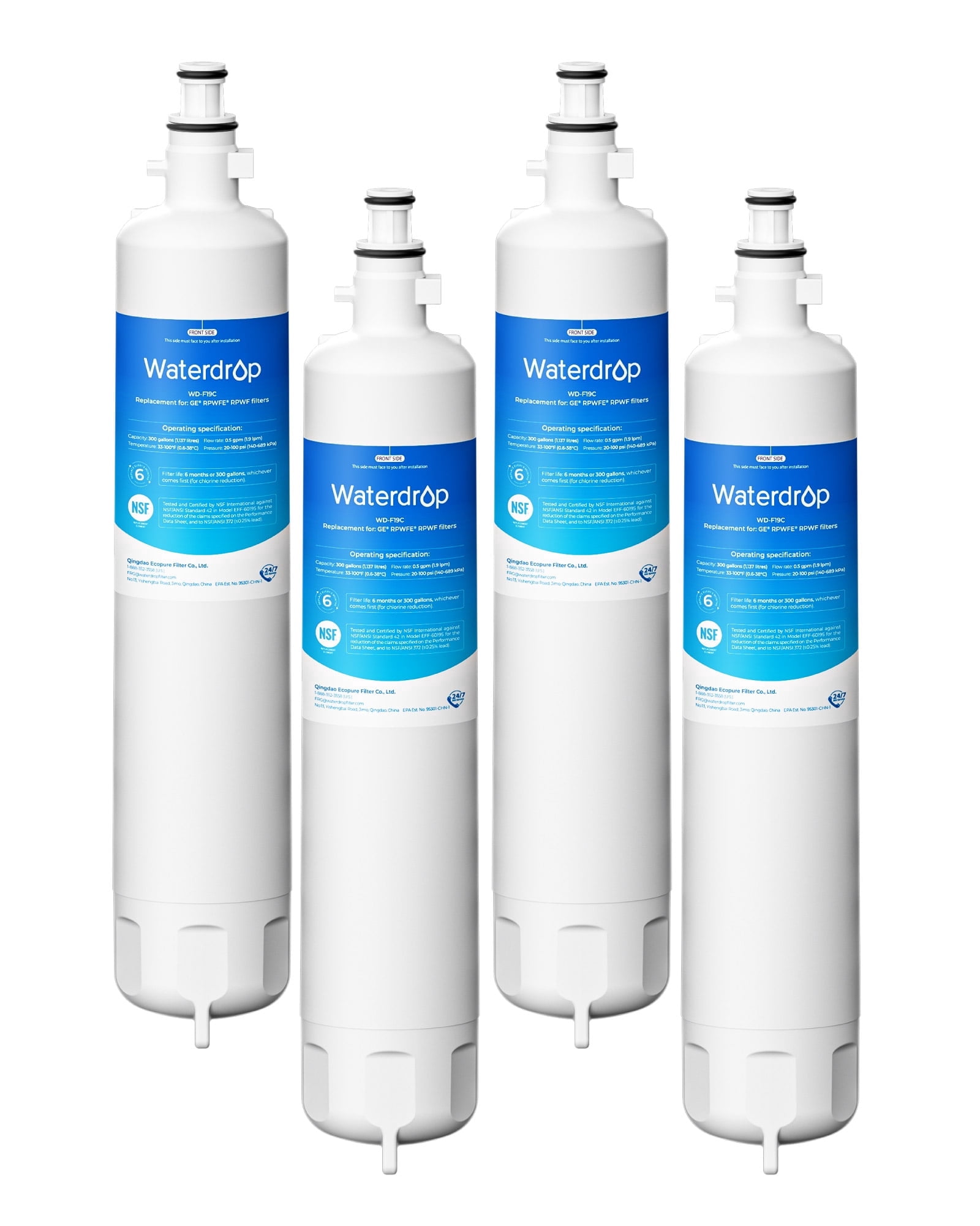 Waterdrop Replacement for GE® RPWFE®, RPWF (Built-in CHIP) Refrigerator Water Filter, Compatible with GFE28GYNFS, GFE28GELDS, PFE28KELDS, PFE28KYNFS, GFD28GELDS, PWE23KELDS, 4 Filters