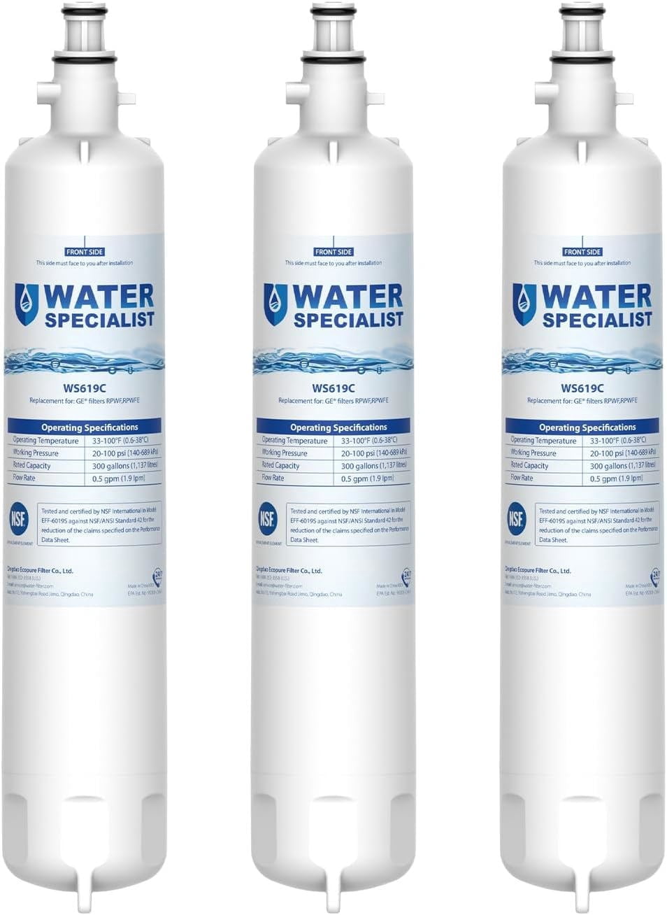 Waterspecialist WS619C Replacement for RPWFE, RPWF (Built-in CHIP) Refrigerator Water Filter, Compatible with GYS22GMNES, GYE22HSKSS, PYE22PELDS, GFE26GMKES, GFE26GGHWW, GFE28GYNFS,3 Filters
