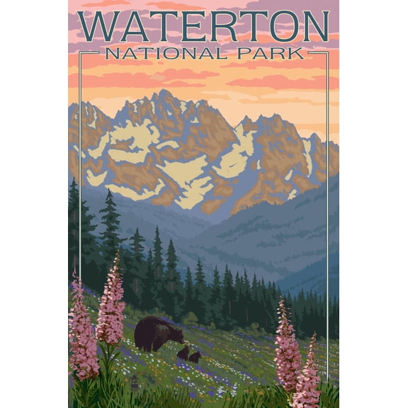 Art.com Waterton National Park, Canada - Bears and Spring Flowers Art Print by Lantern Press, 12" x 18"