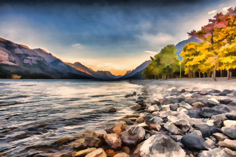 Waterton lake in autumn colours at sunset against the mountains Waterton Lakes National Park Alberta Canada Canvas Art - Ron Harris Design Pics (38 x 24)