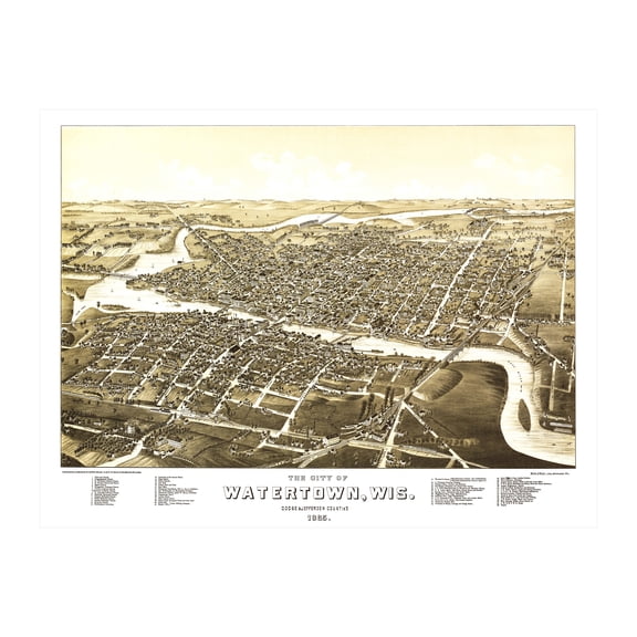 Watertown Art, 1885 Vintage Map of Watertown Wisconsin, WI History Wall Decor Gift, Old Watertown Map - 24" x 18" Unframed Print