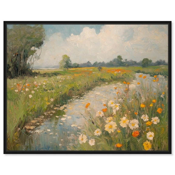 Waterway in Bloom Canvas Vintage Landscape by Art Remedy, Black Frame, 20" x 16"