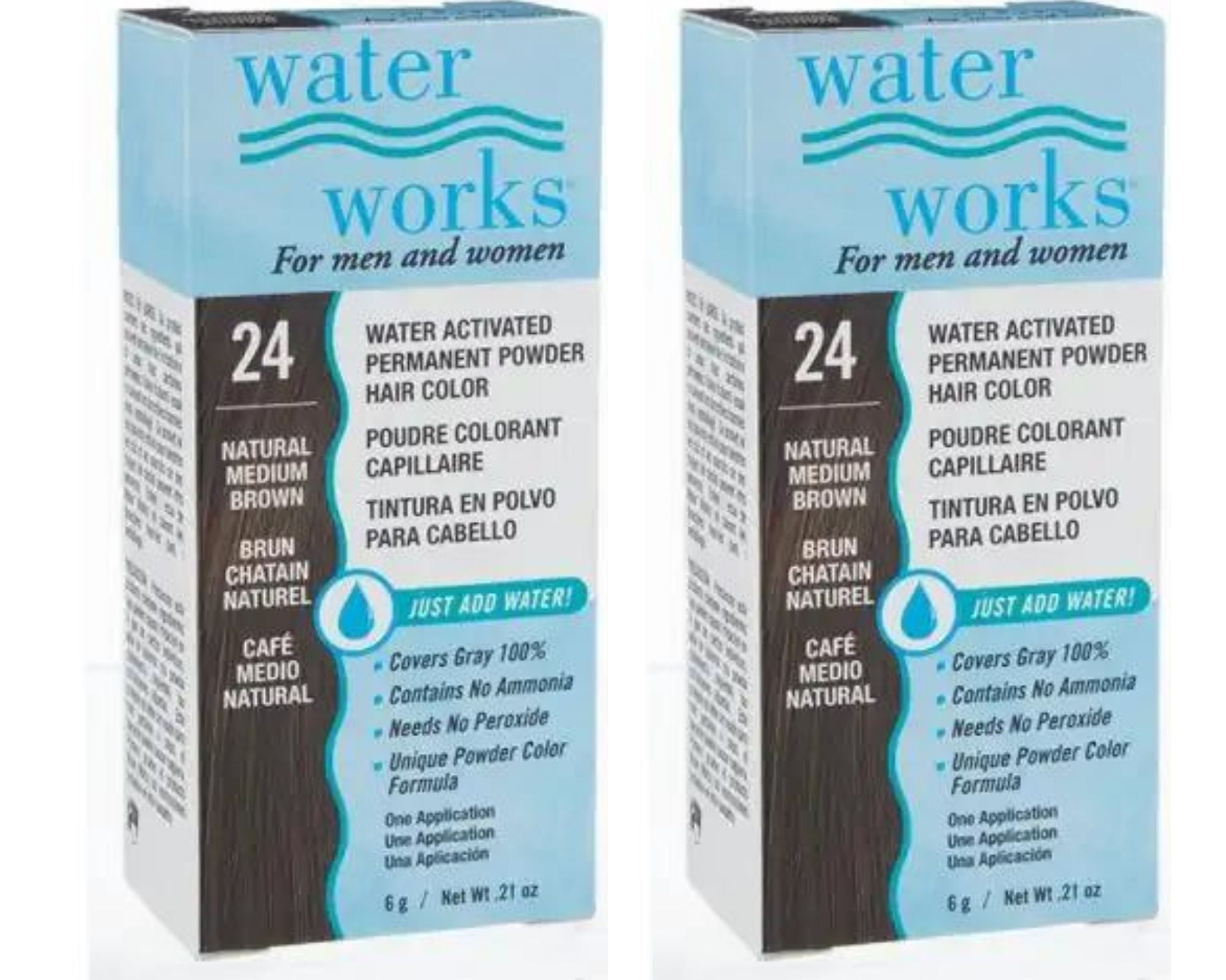 Waterworks Water Activated Permanent Powder Hair Color 6g / 0.21 oz - #24 Natural Medium Brown x 2