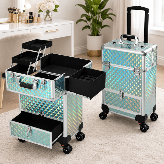 Watery Blue Rolling Makeup Case Travel Trolley with Drawer for Cosmetologists and Hairstylists