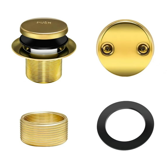 Watflow Tip-Toe Tub Trim Set with Two-Hole Overflow Faceplate, Replacement Bath Drain Trim Kit with 2-Hole Overflow Faceplate and Universal Fine/Coarse Thread (Polished Gold)
