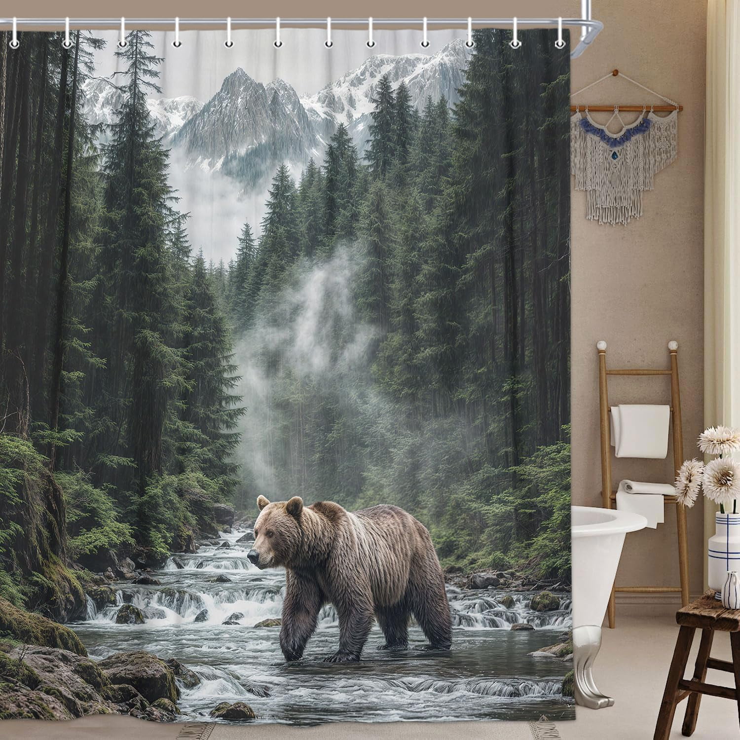 Wathon Mountain Creek Shower Curtain with Bear, Rustic Nature Landscape Woodland Wildlife Bath Curtain Country Forest Natural Scenery Outdoors Adventure Explore Bathroom Decor Set with Hooks 70X75IN