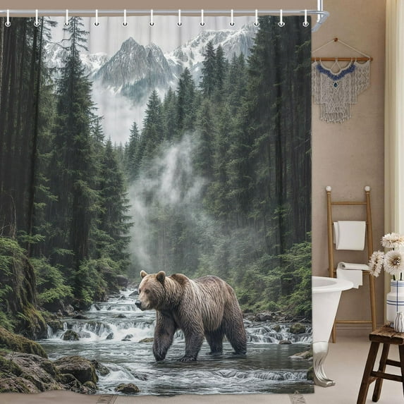 Wathon Mountain Creek Shower Curtain with Bear, Rustic Nature Landscape Woodland Wildlife Bath Curtain Country Forest Natural Scenery Outdoors Adventure Explore Bathroom Decor Set with Hooks 70X70IN
