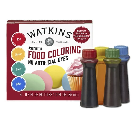 Watkins Assorted Food Coloring, DEF29 1 Each Red, Yellow, Green, Blue, Total Four 0.3 oz bottles, 4 Count (Pack of 1)