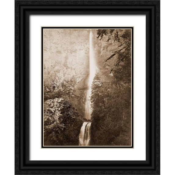 Watkins, Carleton 15x18 Black Ornate Wood Framed with Double Matting Museum Art Print Titled - Multnomah Falls, Columbia River, Oregon, 2500 feet., 1867