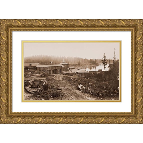Watkins, Carleton 18x12 Gold Ornate Wood Framed with Double Matting Museum Art Print Titled - Oswego Iron Works, Willamette River, Oregon, 1867