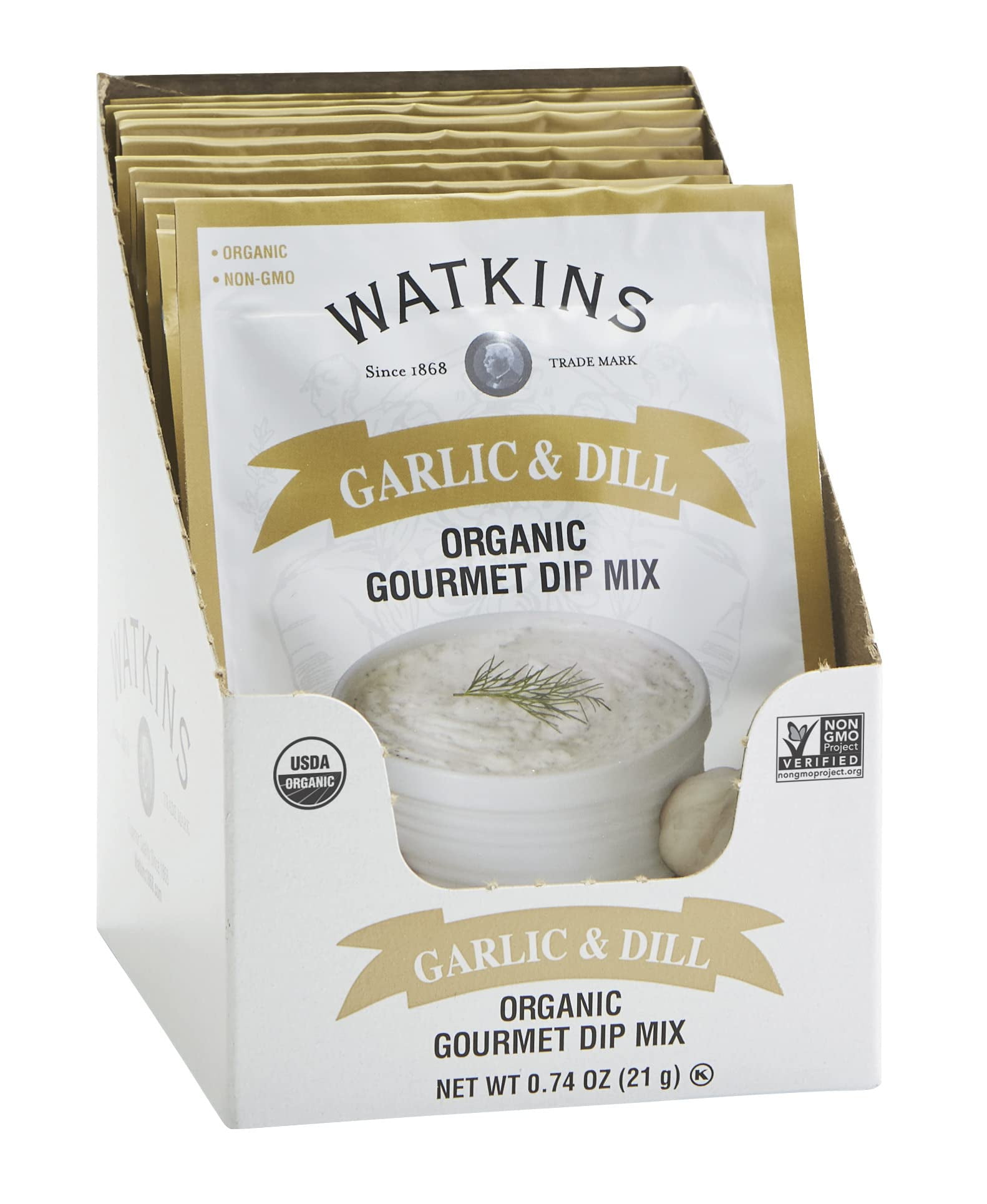Watkins Organic Gourmet Dip Mix, Garlic & Dill, 0.74 oz. Packets, 12