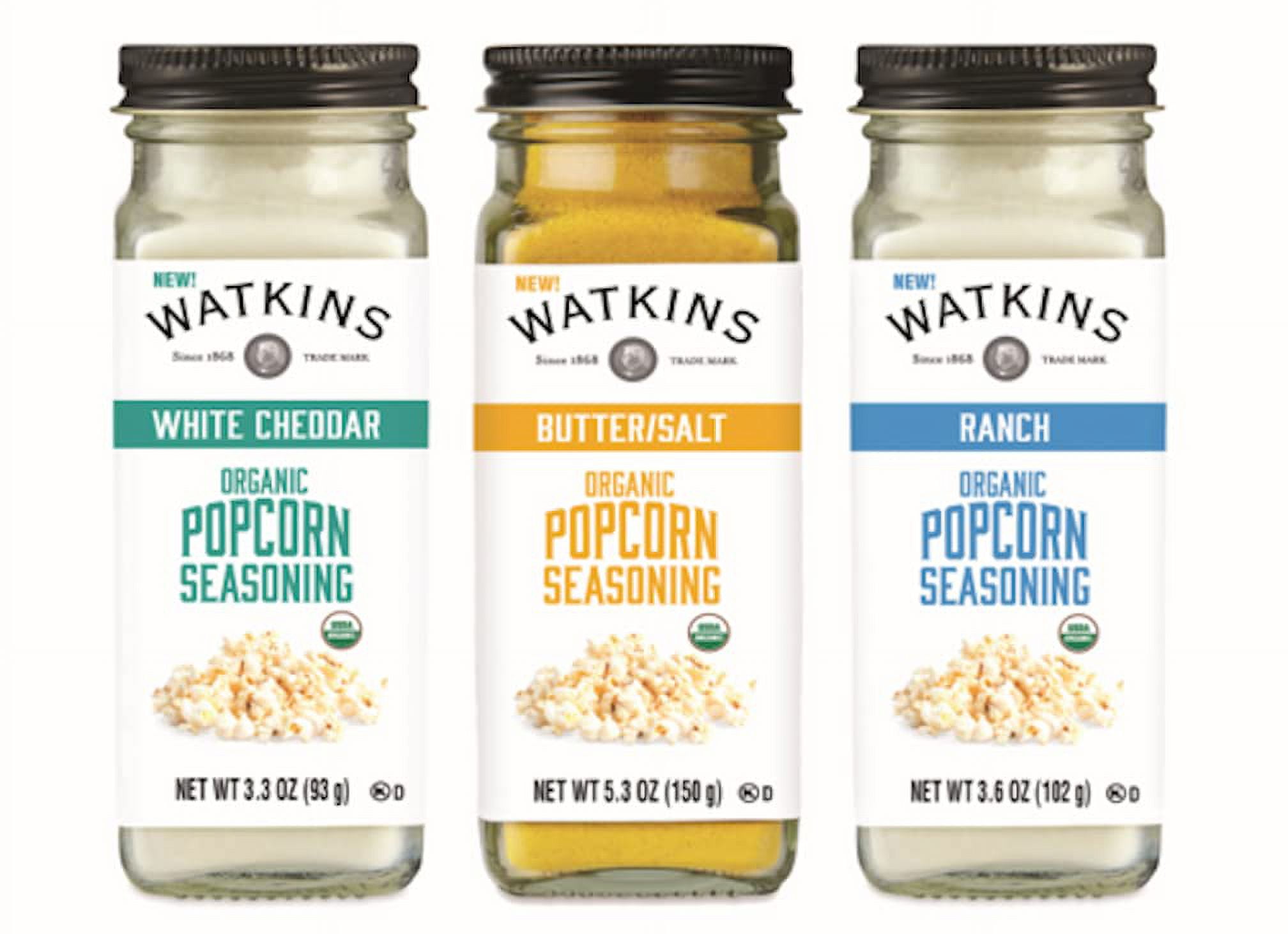 Watkins Popcorn Seasoning Multi-Flavor TMA3Variety Pack, 3-Pack (1 White Cheddar 3.3 oz., 1 Butter/Salt 5.3 oz., 1 Ranch 3.6 oz.)