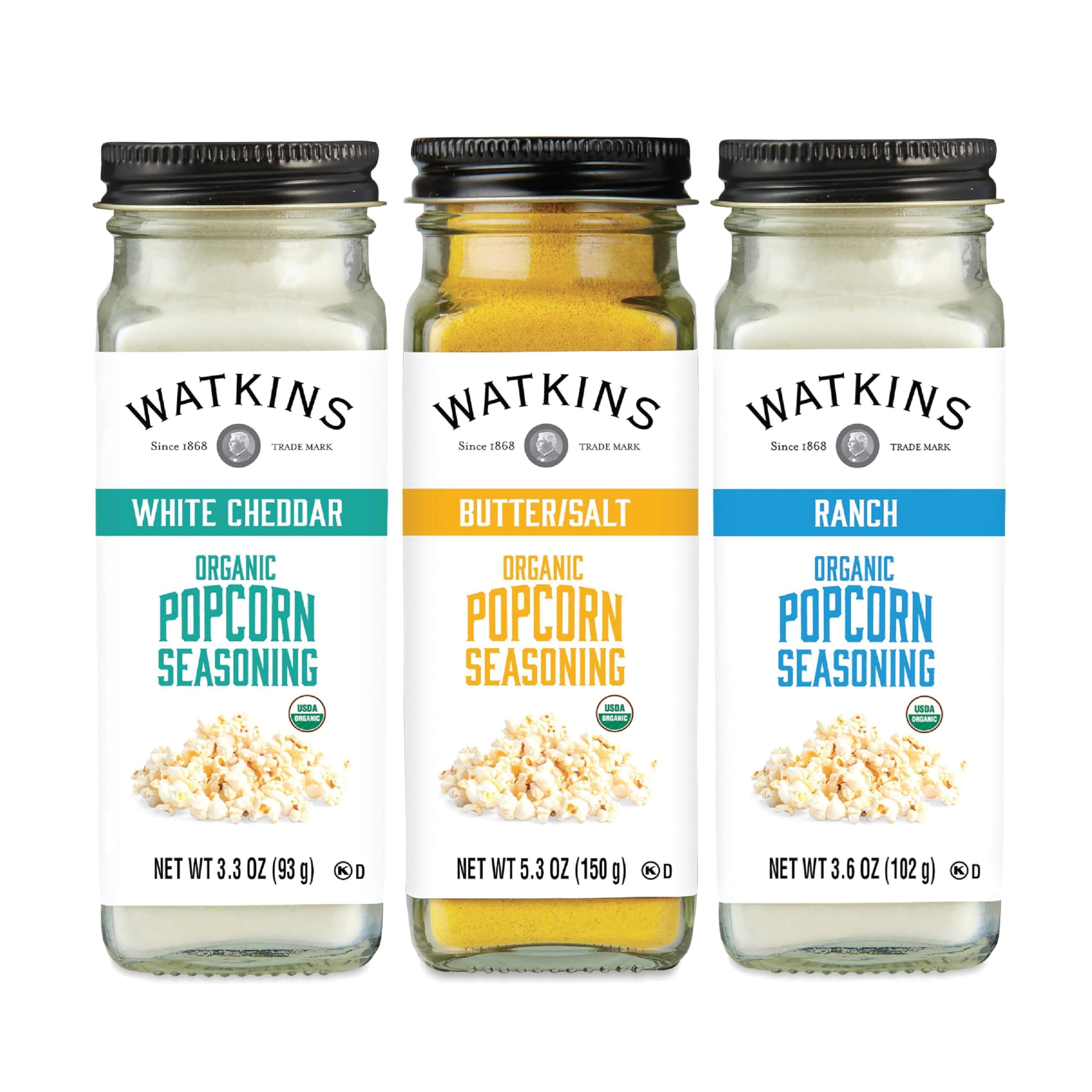 Watkins Popcorn Seasoning Multi-Flavor Variety Pack, 3-Pack (1 White Cheddar 3.3 oz., 1 Butter/Salt 5.3 oz., 1 Ranch 3.6 oz.) E22
